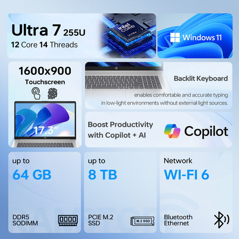 HP Essential 17.3 inches Traditional Laptop Intel Core Ultra 7 64GB RAM Intel Graphics 4TB SSD Storage Windows 11 Pro 60Hz - Silver