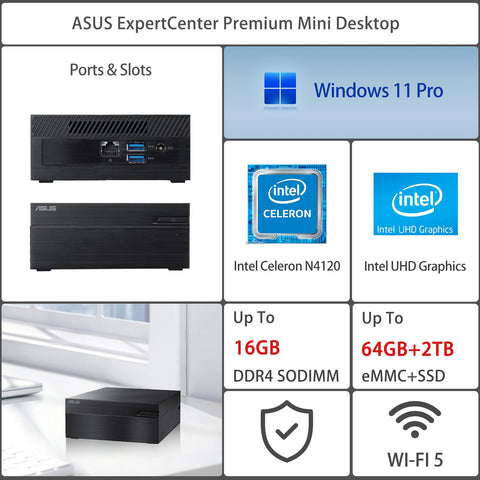 ASUS ExpertCenter Mini Desktop Intel Celeron 16GB RAM Intel UHD Graphics 64GB eMMC + 2TB SSD Storage Windows 11 Pro - Black