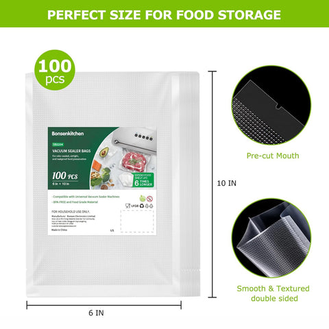 Bonsenkitchen Precut Vacuum Food Sealer Bags 100 Pint 6" x 10", BPA Free, Commercial Grade Textured Food Vacuum Sealer Bag, Thick Embossed Bags for Food Storage and Sous Vide Cooking VB3204