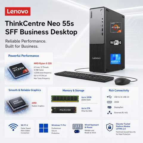 Lenovo ThinkCentre Neo 55s SFF Business AI Desktop, AMD Ryzen 5 220, AMD Radeon Graphics, 32GB DDR5, 2TB SSD, Wi-Fi 6, Win11 Pro, Black