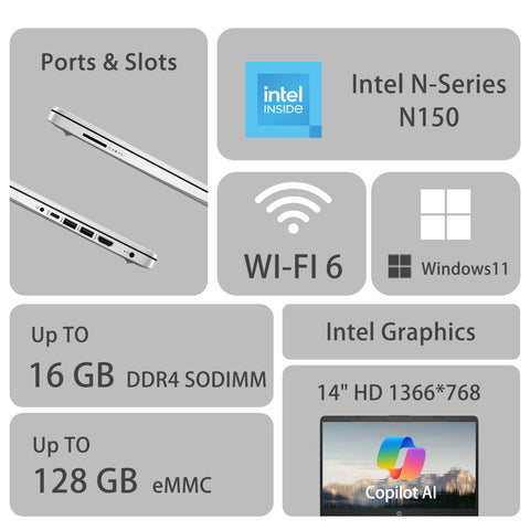 HP Essential 14-in Traditional Laptop Intel N-Series 8GB RAM Intel Graphics 128GB eMMC Storage Windows 11 Home 60Hz - Silver