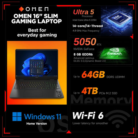 HP Omen 16" Traditional Laptop Intel Core Ultra 5 16GB RAM NVIDIA GeForce RTX 5050 1TB SSD Storage Windows 11 Home 165Hz - Black
