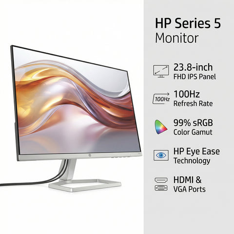 HP Series 5 524sf Monitor 94C17AA#ABA (Replaces M24f) 24 inches FHD IPS (1920x1080) Display, 1x HDMI, 1x VGA, Flicker-Free, Ideal for Home & Business