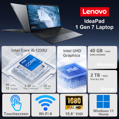 LENOVO IdeaPad 1 15.6" Traditional Laptop Intel Core i5 8GB RAM Intel UHD Graphics 512GB SSD Storage Windows 11 Home 60Hz - Blue