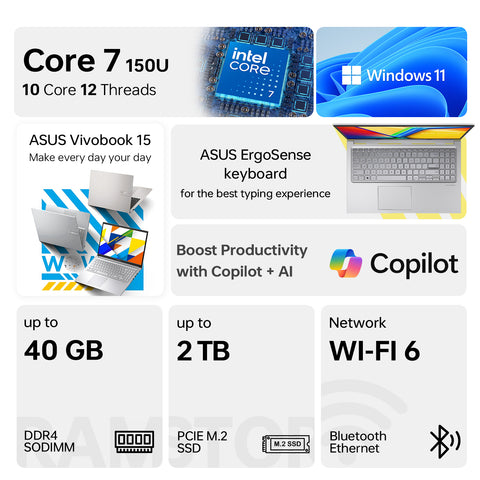 ASUS Vivobook 15 15.6-in Traditional Laptop Intel Core 7 40GB RAM Intel Graphics 2TB SSD Storage Windows 11 Pro 60Hz - Silver