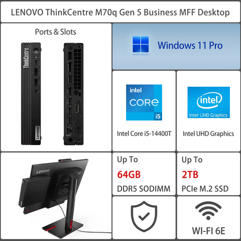 LENOVO ThinkCentre M70q MFF Desktop Intel Core i5 16GB RAM Intel UHD Graphics 256GB SSD Storage Windows 11 Pro - Black