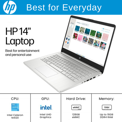 HP Essential 14" Traditional Laptop Intel Celeron 4GB RAM Intel UHD Graphics 128GB eMMC Storage Windows 11 Home 60Hz - Silver