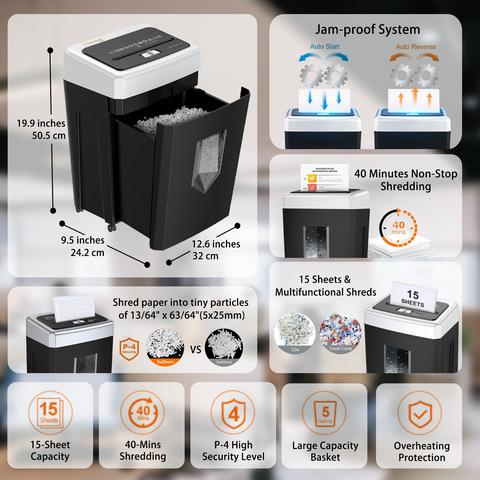 Bonsaii 15-Sheet Office Paper Shredder, 40 Mins Heavy Duty Shredder for Home Office, Crosscut Shreder with Anti-Jam System & P-4 High Security Supports CD/Credit Cards/Staple,5 Gal Pullout Bin C169-B