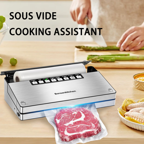 Bonsenkitchen Vacuum Sealer Machine, Stainless Steel Vacuum Food Sealer with 8-in-1 Vacuum Sealing System, 6 Food Vacuum Modes, Built-in Cutter and Bag Storage, Fully Starter Kits (Bright Silver)
