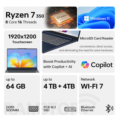 Lenovo IdeaPad Slim 5 16" Premium Traditional Laptop AMD Ryzen AI 7 350 16GB RAM AMD Radeon Graphics 512GB SSD Storage Windows 11 Home FHD+ 60Hz - Blue