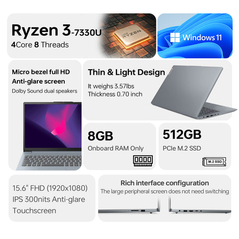 LENOVO IdeaPad Slim 3 15.6" Traditional Laptop AMD Ryzen 3 8GB RAM AMD Radeon Graphics 512GB SSD Storage Windows 11 Home 60Hz - Grey