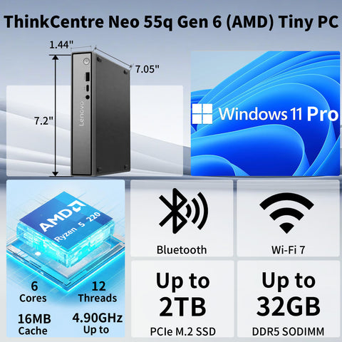 Lenovo ThinkCentre neo MFF Business Desktop, AMD Ryzen 5 220, 8GB DDR5, 512GB SSD, Windows 11 Pro