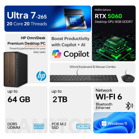 HP OmniDesk Tower Desktop Intel Core Ultra 7 32GB RAM NVIDIA GeForce RTX 5060 1TB SSD Storage Windows 11 Pro - Black