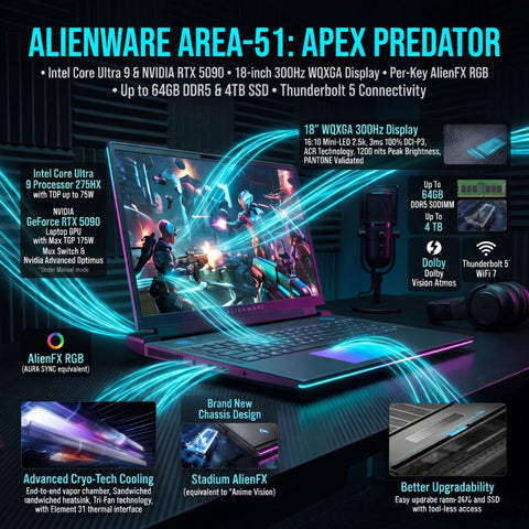 DELL Alienware Area-51 18 inches Traditional Laptop Intel Core Ultra 9 32GB RAM NVIDIA GeForce RTX 5090 2TB SSD Storage Windows 11 Home 300Hz - Blue