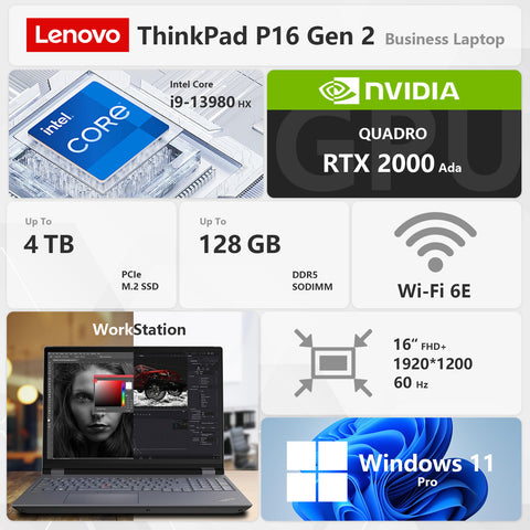 LENOVO ThinkPad P16 16" Mobile Workstation Laptop Intel Core i9 32GB RAM NVIDIA Quadro RTX 2000 Ada 1TB SSD Storage Windows 11 Pro 60Hz - Black