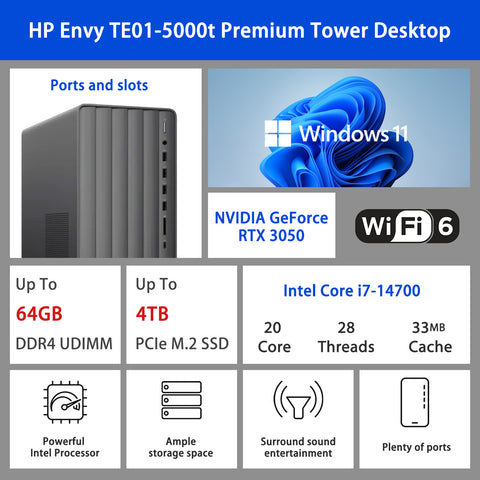 HP Envy Tower Desktop Intel Core i7 8GB RAM NVIDIA GeForce RTX 3050 512GB SSD Storage Windows 11 Home - Black