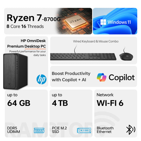 HP OmniDesk Tower Desktop AMD Ryzen 7 16GB RAM AMD Radeon Graphics 1TB SSD Storage Windows 11 Home - Grey