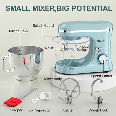 HOWORK Electric Stand Mixer,10+p Speeds With 6.5QT Stainless Steel Bowl,Dough Hook, Wire Whip & Beater,for Most Home Cooks,Blue