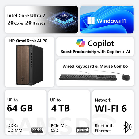 HP OmniDesk M03 Business Desktop, Core Ultra 7 265, Intel Graphics, 32GB DDR5, 2TB SSD, Wi-Fi 6, Wired KB & Mouse, Win11 Pro, Black