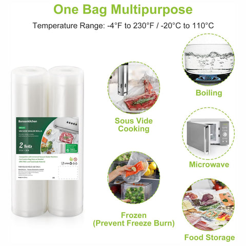 Bonsenkitchen Vacuum Sealer Bags, 11" x 20' Rolls 2 Pack for Food Storage Saver, Bpa Free, Heavy Duty, Commercial Grade Textured Food Roll, Customized Size Bag for Sous Vide Cooking, VB3207