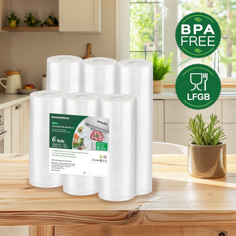 Bonsenkitchen Vacuum Sealer Rolls Bags, 6 Pack 3 Rolls 11" x 20' + 3 Rolls 8" x 20' Commercial Grade BPA Free Bag Rolls, Durable Customized Size Food Vac Bags for Storage and Sous Vide Cooking VB3211