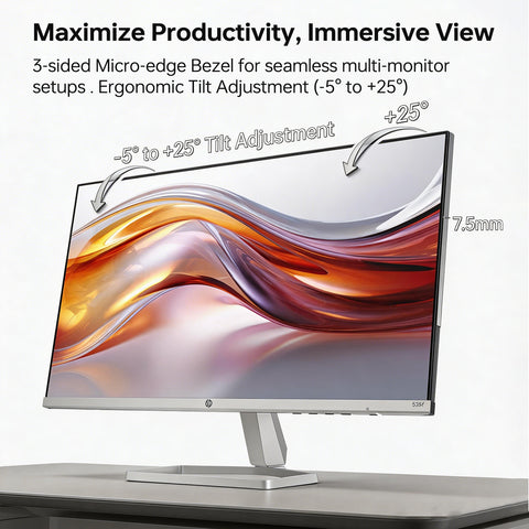 HP Series 5 524sf Monitor 24" FHD IPS (1920x1080) Display, 1x HDMI, 1x VGA, Flicker-Free, Ideal for Home & Business, Black/Silver