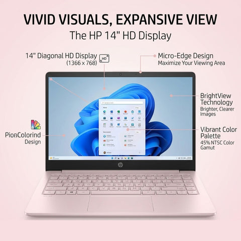 HP Essential 14-ep2011wm Entry Traditional Laptop, 14" HD 1366x768 Non-touch 60Hz, Intel N-Series N150, Intel Graphics, 16GB DDR4 SODIMM, 128GB eMMC, Wi-Fi 6, Windows 11 Home, Pink