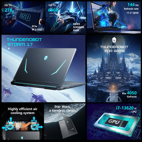 THUNDEROBOT Storm 17 17.3 inches Traditional Laptop Intel Core i7 32GB RAM NVIDIA GeForce RTX 4050 2TB SSD Storage Windows 11 Home 144Hz - Grey