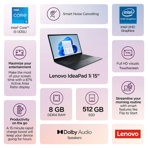 LENOVO IdeaPad 1 15.6" Traditional Laptop Intel Core i5 8GB RAM Intel UHD Graphics 256GB SSD Storage Windows 11 Home 60Hz - Blue