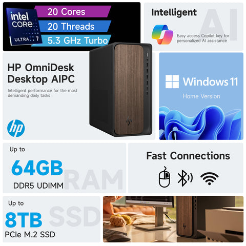 HP OmniDesk Tower Desktop Intel Core Ultra 7 8GB RAM NVIDIA GeForce RTX 5060 512GB SSD Storage Windows 11 Home - Black