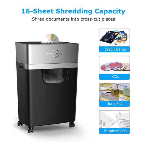 BONSEN 16-Sheet Heavy Duty Paper Shredder for Office, 60-Minute Running Time Cross-Cut CD Shredder with 60dB Low-Noise, 5.3-Gallon Pull Out Bin, Anti-Jam & Quiet Shredder for Home Office (S3102)