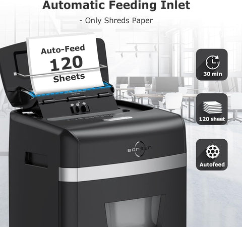 BONSEN 120-Sheet Auto Feed Paper Shredder High Security Micro Cut Shredders for Home Office Use/ 30 Minutes/Security Level P-4, 6-Gallon Bin (S3110)