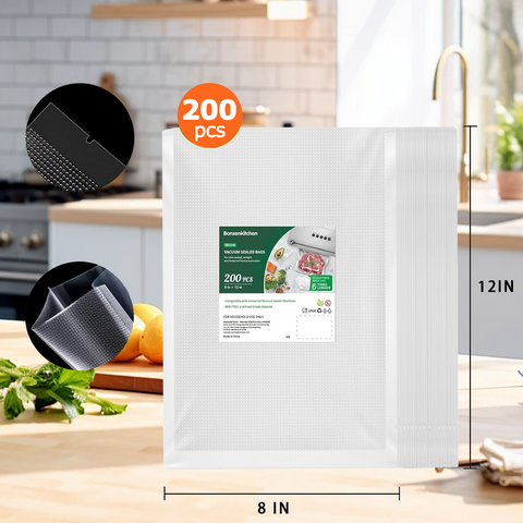 Bonsenkitchen Precut Vacuum Bags 100 Quart 8" x 12", BPA Free, Commercial Grade Textured Food Sealer Bag, Thick Embossed Bags for Storage and Sous Vide Cooking VB3205