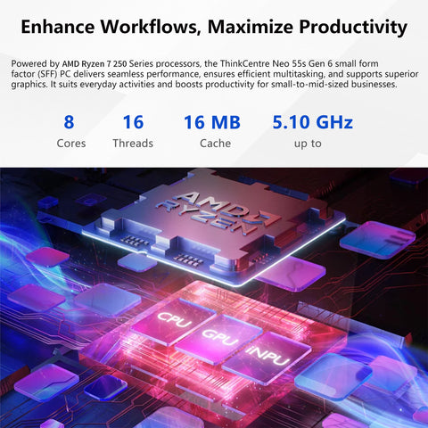 LENOVO ThinkCentre neo Business SFF Desktop, AMD Ryzen 7 250, AMD Radeon Graphics, 32GB DDR5, 1TB SSD, Win11 Pro, Black