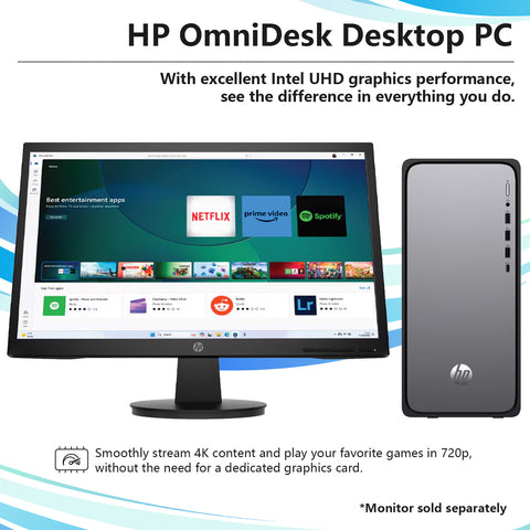 HP OmniDesk Tower Desktop Intel Core i7 16GB RAM Intel UHD Graphics 256GB SSD Storage Windows 11 Home - Black