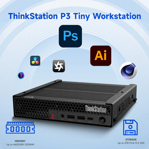 LENOVO ThinkStation P3 Workstation Desktop Intel Core i7 32GB RAM NVIDIA Quadro T1000 1TB SSD Storage Windows 11 Pro - Black