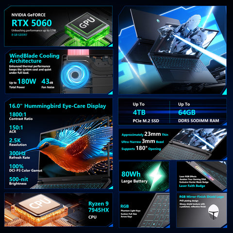 THUNDEROBOT Radiant S 16 16-in Traditional Laptop AMD Ryzen 9 16GB RAM NVIDIA GeForce RTX 5060 512GB SSD Storage Windows 11 Home 300Hz - Black