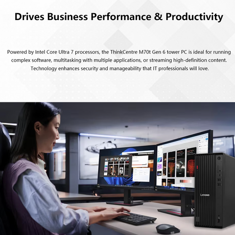 LENOVO ThinkCentre M70t Tower Desktop Intel Core Ultra 7 32GB RAM Intel Graphics 1TB SSD Storage Windows 11 Pro - Black