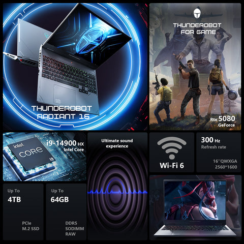 THUNDEROBOT Radiant R16 16-in Traditional Laptop Intel Core i9 16GB RAM NVIDIA GeForce RTX 5080 1TB SSD Storage Windows 11 Home 300Hz - Black
