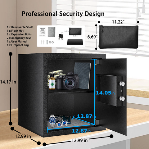 Bonsaii Security Safe Box with Money Bag, 1.28 Cubic Feet Large Document Safe Box for Home, Digital Keypad Lock, Removable Shelf for Money, Medicine, Valuables, 12.99 x 14.17 x 12.99 Inches