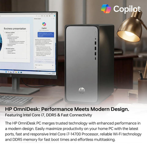 HP OmniDesk Tower Desktop Intel Core i7 64GB RAM Intel UHD Graphics 2TB SSD Storage Windows 11 Home - Black