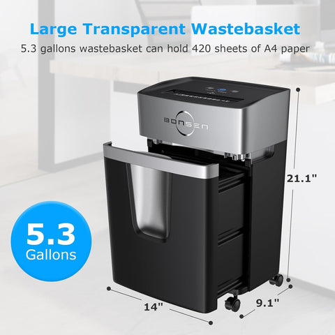 BONSEN 12-Sheet Micro Cut Paper Shredder for Home Office Use, High Security Level P-4 /55dB Ultra-Quiet/40-Minutes Shredding Shreds Credit Card/Staples, 5.3-Gallons Pullout Bin (S3106)