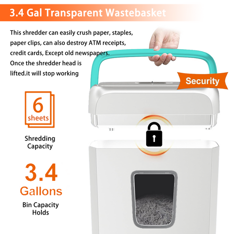 Bonsaii Secure Shredder, Home Office Shredder, high Security, 6-Sheet, Cross-Cut shredding for documents, Mail, Staples, Credit Cards, Equipped Convenient Handle, 3.4-Gallon Wastebasket, White & Blue