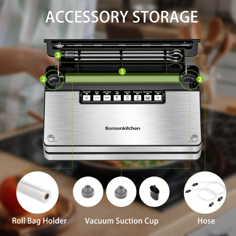 Bonsenkitchen Vacuum Sealer Machine, Stainless Steel Vacuum Food Sealer with 8-in-1 Vacuum Sealing System, 6 Food Vacuum Modes, Built-in Cutter and Bag Storage, Fully Starter Kits (Bright Silver)