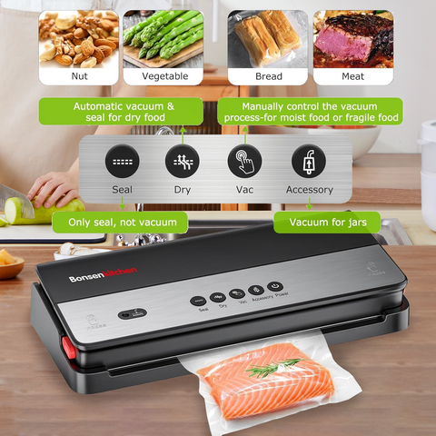 Bonsenkitchen Vacuum Sealer Machine, Multi-Functional Food Sealer with Built-in Cutter & Bag Storage, High-Speed Continuous Working with Globefish Technology, Includes Vacuum Bags & Roll Bag