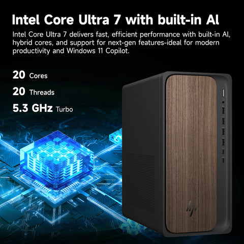 HP OmniDesk Tower Desktop Intel Core Ultra 7 8GB RAM NVIDIA GeForce RTX 5060 512GB SSD Storage Windows 11 Home - Black
