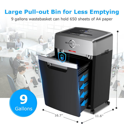 BONSEN Heavy Duty Paper Shredder, 24-Sheet Cross-Cut Shredder, 40-Min Continuous Running Time, Commercial Grade Shredder for Office, 9-Gallon Big Basket, 55dB Super Quiet, P-4 High Security (S3105)