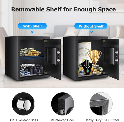 Bonsaii Steel Safe Box with Digital Keypad Lock, 1.2 Cubic Feet Security Document Safe with Removable Shelf for Home, Hotel, Office, Valuables, Money, 12.99 x 14.17 x 12.99 Inches