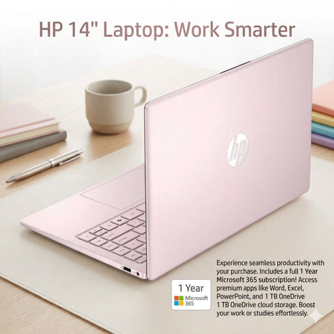 HP Essential 14-ep2011wm Entry Traditional Laptop, 14" HD 1366x768 Non-touch 60Hz, Intel N-Series N150, Intel Graphics, 16GB DDR4 SODIMM, 128GB eMMC, Wi-Fi 6, Windows 11 Home, Pink