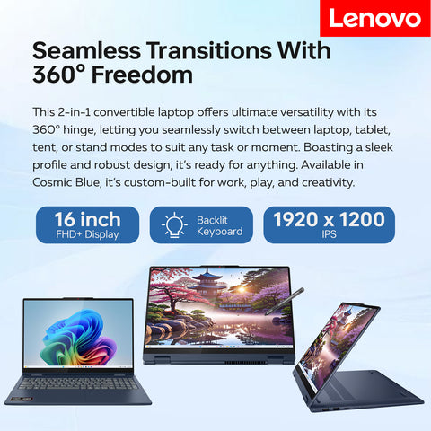 LENOVO IdeaPad 5 16 inches 2-in-1 Laptop AMD Ryzen AI 7 16GB RAM AMD Radeon Graphics 512GB SSD Storage Windows 11 Pro 60Hz - Blue